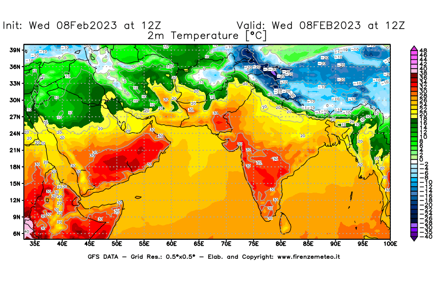 Mappa di analisi GFS - Temperatura a 2 metri dal suolo [°C] in Asia Sud-Occidentale
							del 08/02/2023 12 <!--googleoff: index-->UTC<!--googleon: index-->
