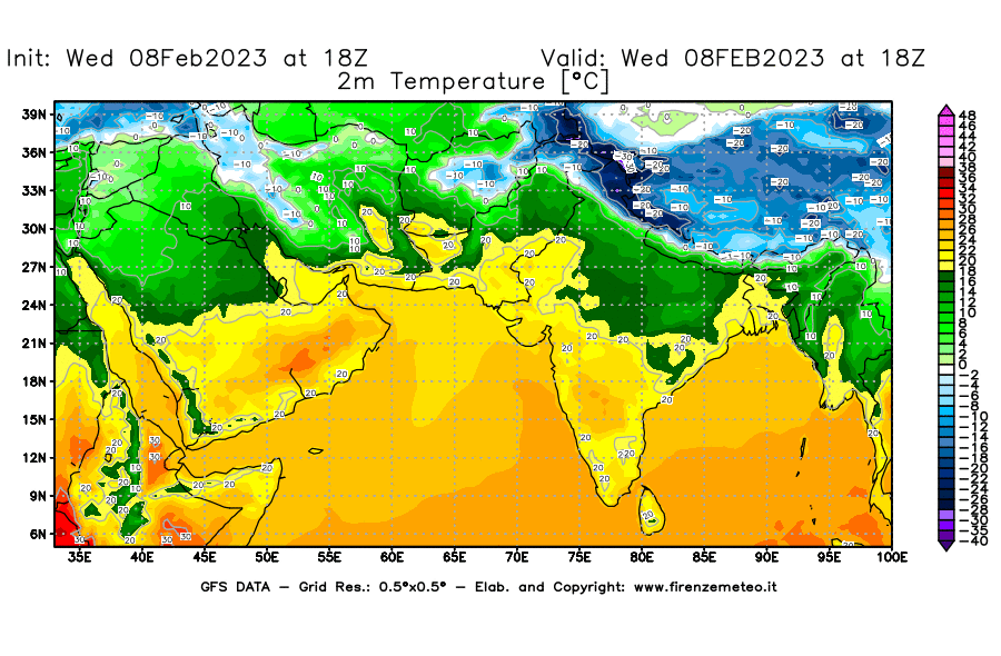 Mappa di analisi GFS - Temperatura a 2 metri dal suolo [°C] in Asia Sud-Occidentale
							del 08/02/2023 18 <!--googleoff: index-->UTC<!--googleon: index-->