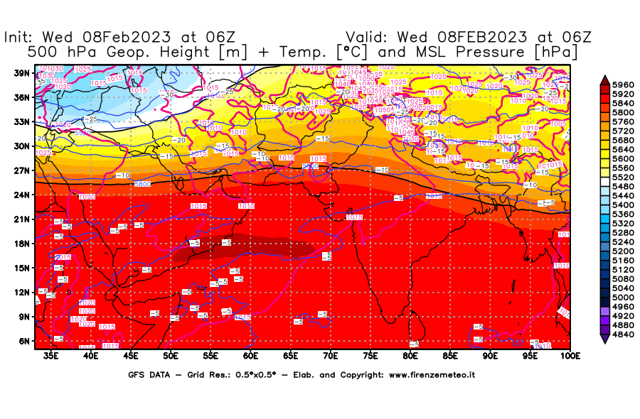 Mappa di analisi GFS - Geopotenziale [m] + Temp. [°C] a 500 hPa + Press. a livello del mare [hPa] in Asia Sud-Occidentale
							del 08/02/2023 06 <!--googleoff: index-->UTC<!--googleon: index-->