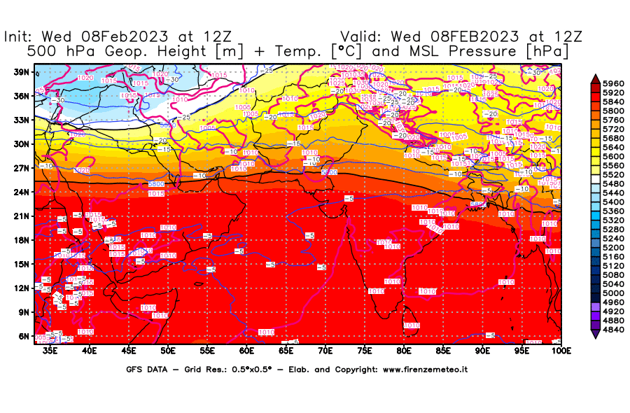 Mappa di analisi GFS - Geopotenziale [m] + Temp. [°C] a 500 hPa + Press. a livello del mare [hPa] in Asia Sud-Occidentale
							del 08/02/2023 12 <!--googleoff: index-->UTC<!--googleon: index-->