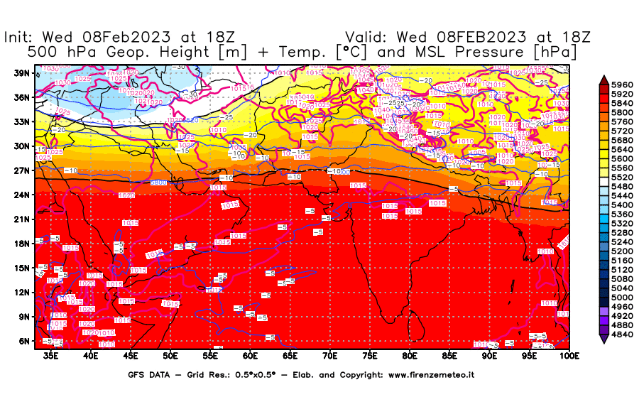 Mappa di analisi GFS - Geopotenziale [m] + Temp. [°C] a 500 hPa + Press. a livello del mare [hPa] in Asia Sud-Occidentale
							del 08/02/2023 18 <!--googleoff: index-->UTC<!--googleon: index-->