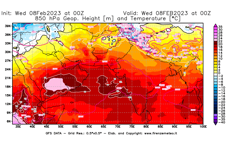 Mappa di analisi GFS - Geopotenziale [m] e Temperatura [°C] a 850 hPa in Asia Sud-Occidentale
							del 08/02/2023 00 <!--googleoff: index-->UTC<!--googleon: index-->