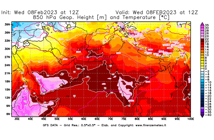 Mappa di analisi GFS - Geopotenziale [m] e Temperatura [°C] a 850 hPa in Asia Sud-Occidentale
							del 08/02/2023 12 <!--googleoff: index-->UTC<!--googleon: index-->