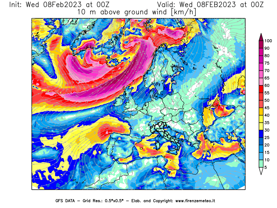 Mappa di analisi GFS - Velocità del vento a 10 metri dal suolo in Europa
							del 8 febbraio 2023 z00