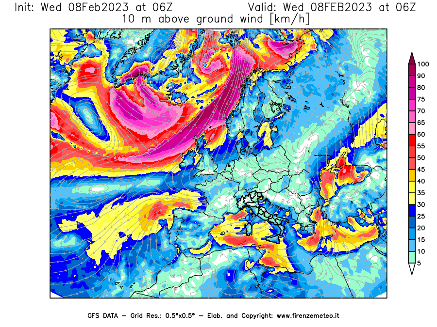 Mappa di analisi GFS - Velocità del vento a 10 metri dal suolo [km/h] in Europa
							del 08/02/2023 06 <!--googleoff: index-->UTC<!--googleon: index-->