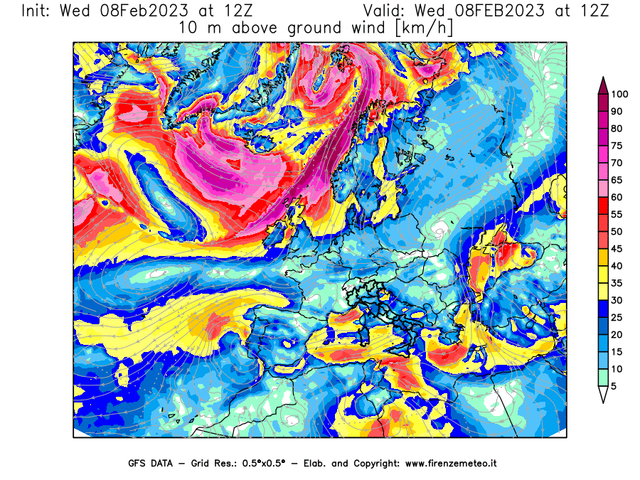 Mappa di analisi GFS - Velocità del vento a 10 metri dal suolo in Europa
							del 8 febbraio 2023 z12