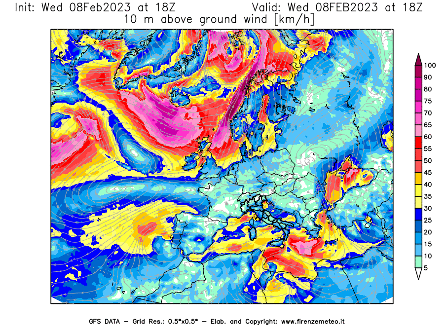 Mappa di analisi GFS - Velocità del vento a 10 metri dal suolo in Europa
							del 8 febbraio 2023 z18