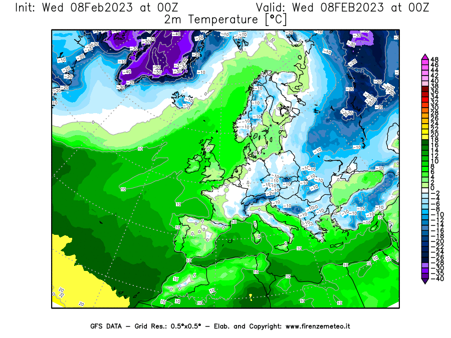 Mappa di analisi GFS - Temperatura a 2 metri dal suolo [°C] in Europa
							del 08/02/2023 00 <!--googleoff: index-->UTC<!--googleon: index-->