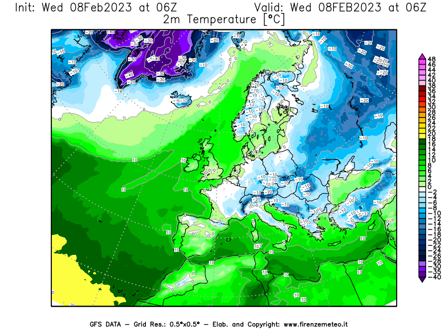 Mappa di analisi GFS - Temperatura a 2 metri dal suolo [°C] in Europa
							del 08/02/2023 06 <!--googleoff: index-->UTC<!--googleon: index-->
