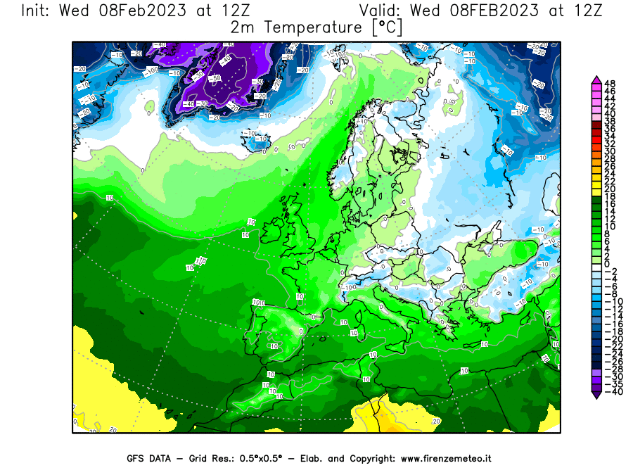 Mappa di analisi GFS - Temperatura a 2 metri dal suolo [°C] in Europa
							del 08/02/2023 12 <!--googleoff: index-->UTC<!--googleon: index-->