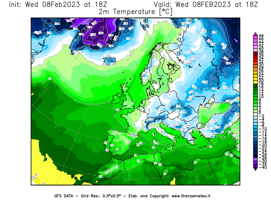 Mappa di analisi GFS - Temperatura a 2 metri dal suolo [°C] in Europa
							del 08/02/2023 18 <!--googleoff: index-->UTC<!--googleon: index-->