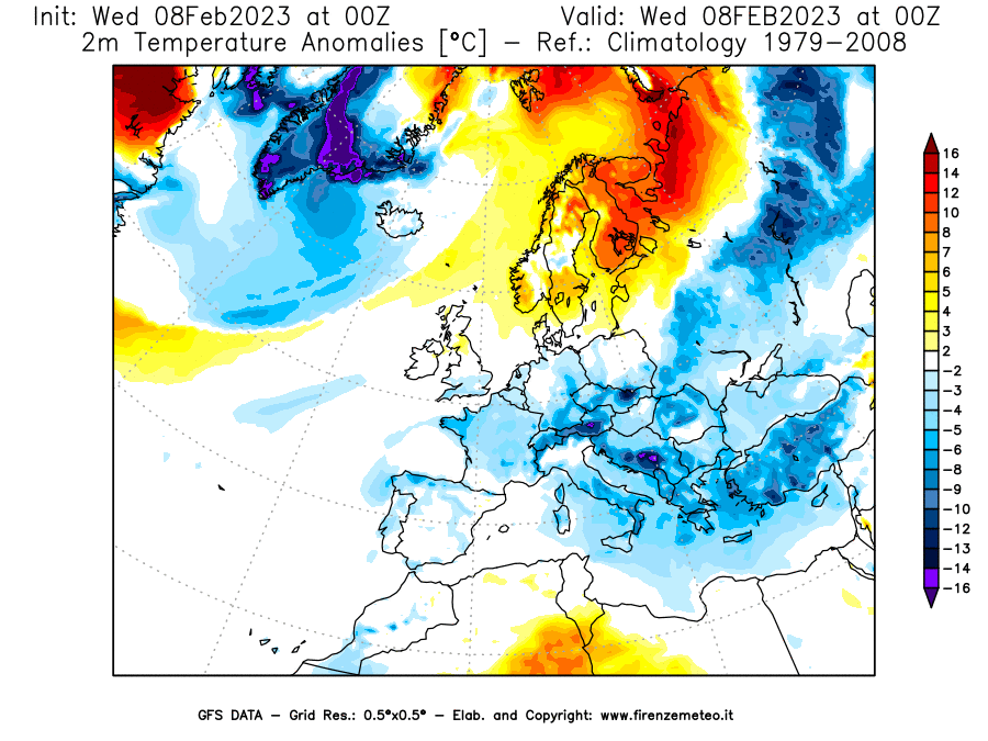 Mappa di analisi GFS - Anomalia Temperatura [°C] a 2 m in Europa
							del 08/02/2023 00 <!--googleoff: index-->UTC<!--googleon: index-->