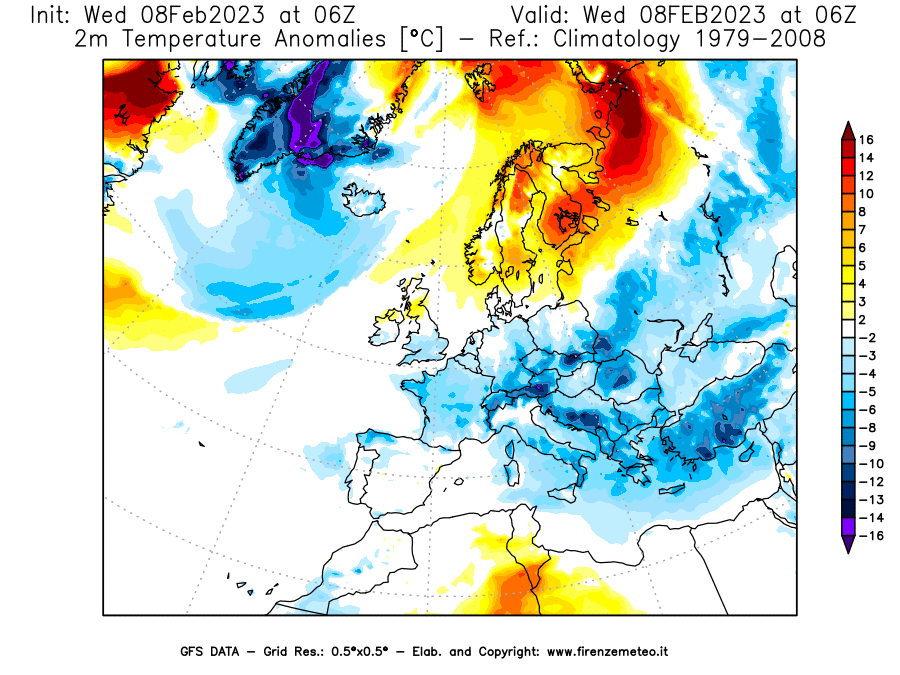 Mappa di analisi GFS - Anomalia Temperatura a 2 m in Europa
							del 8 febbraio 2023 z06