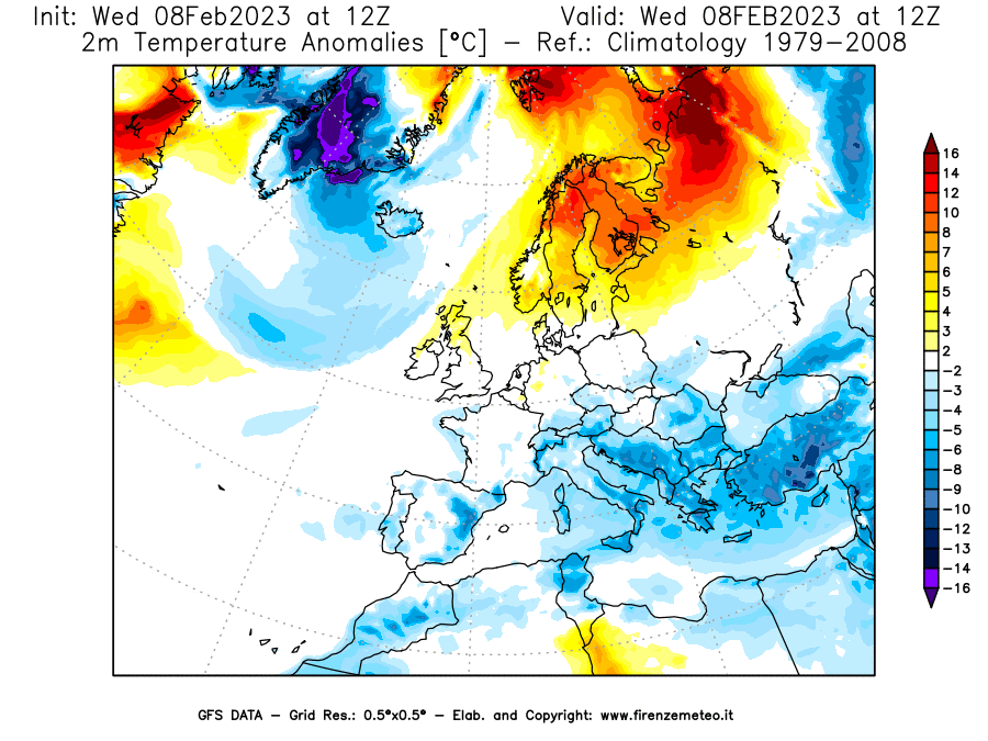 Mappa di analisi GFS - Anomalia Temperatura a 2 m in Europa
							del 8 febbraio 2023 z12