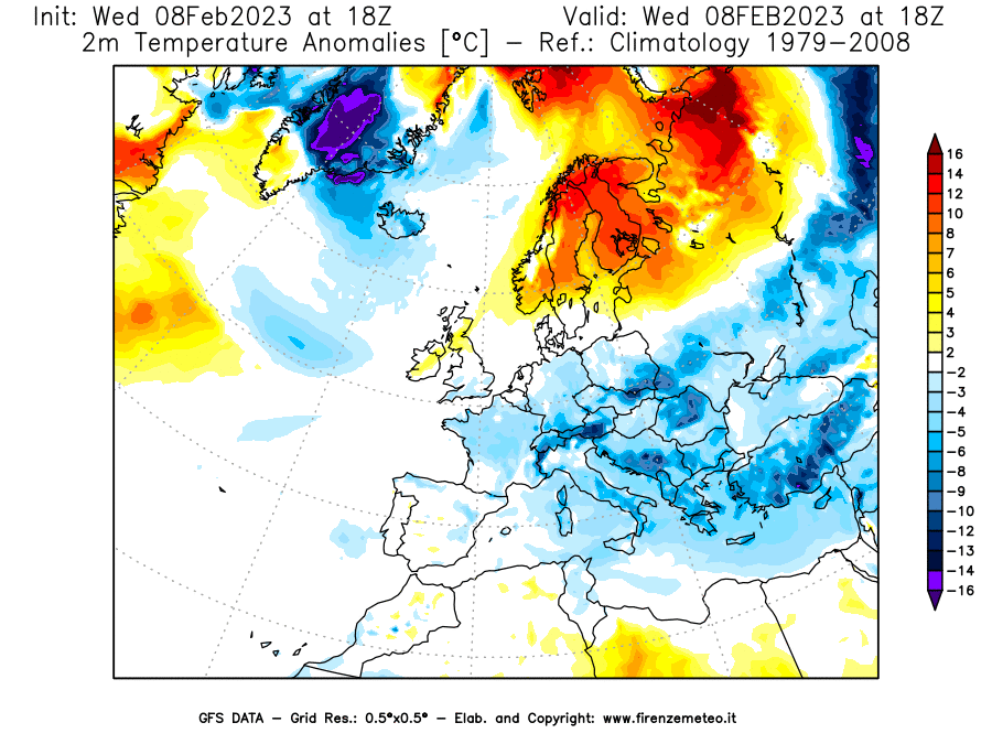 Mappa di analisi GFS - Anomalia Temperatura [°C] a 2 m in Europa
							del 08/02/2023 18 <!--googleoff: index-->UTC<!--googleon: index-->