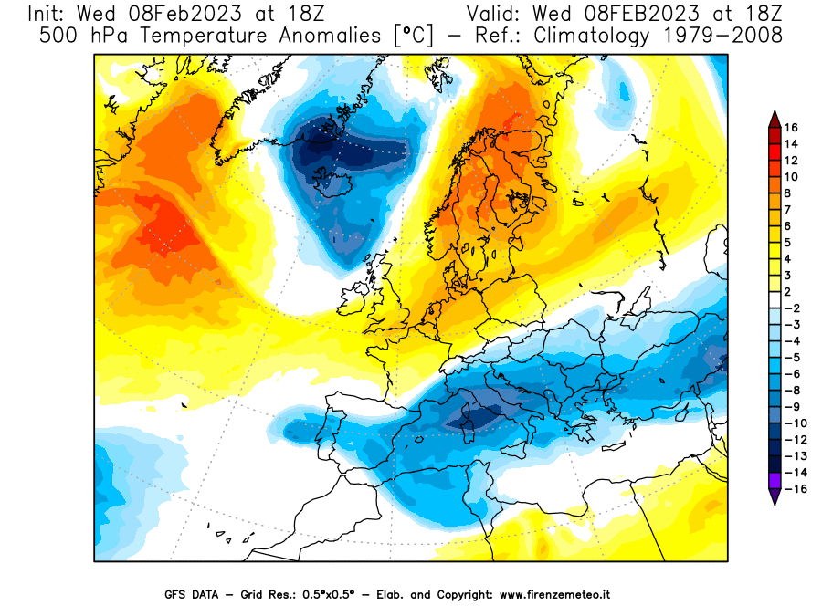 Mappa di analisi GFS - Anomalia Temperatura [°C] a 500 hPa in Europa
							del 08/02/2023 18 <!--googleoff: index-->UTC<!--googleon: index-->