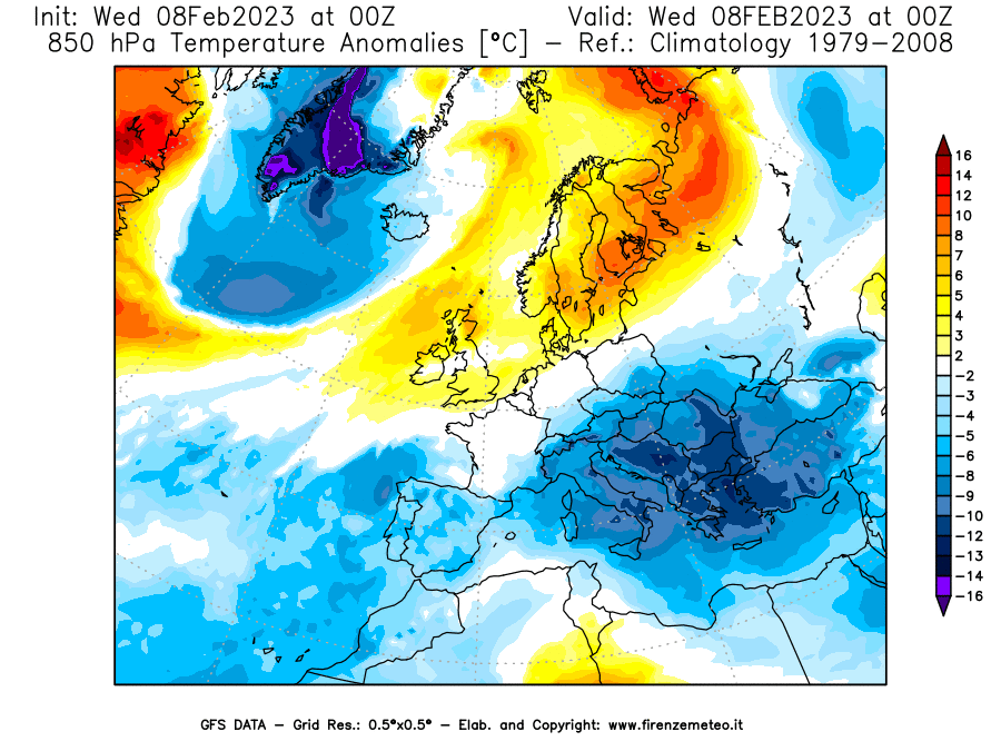 Mappa di analisi GFS - Anomalia Temperatura [°C] a 850 hPa in Europa
							del 08/02/2023 00 <!--googleoff: index-->UTC<!--googleon: index-->
