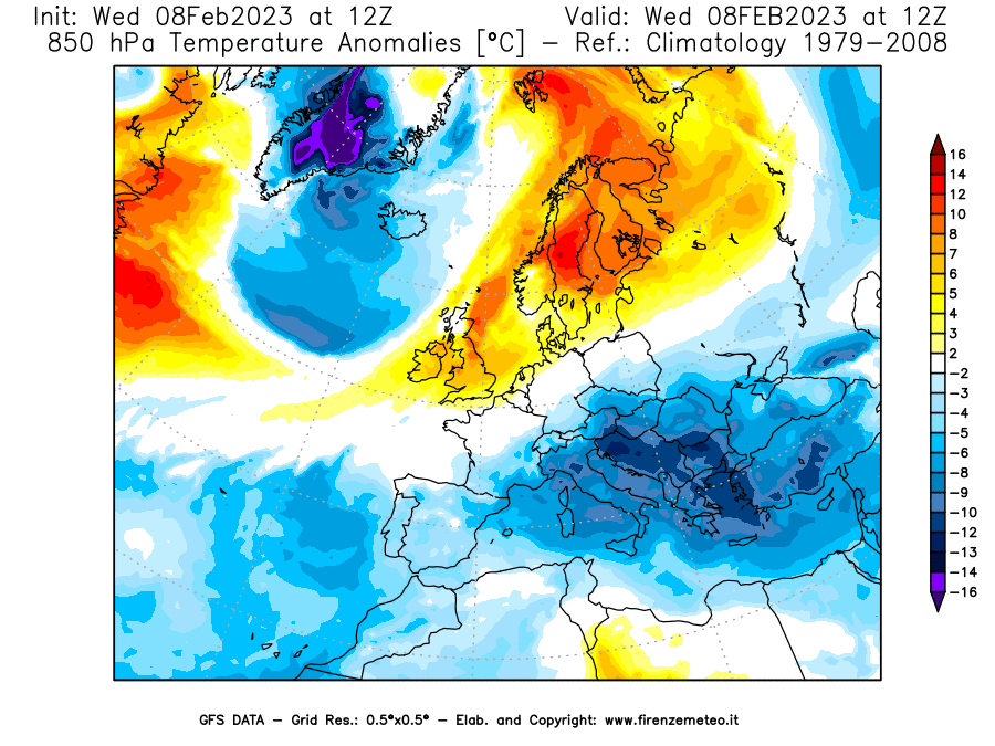Mappa di analisi GFS - Anomalia Temperatura a 850 hPa in Europa
							del 8 febbraio 2023 z12