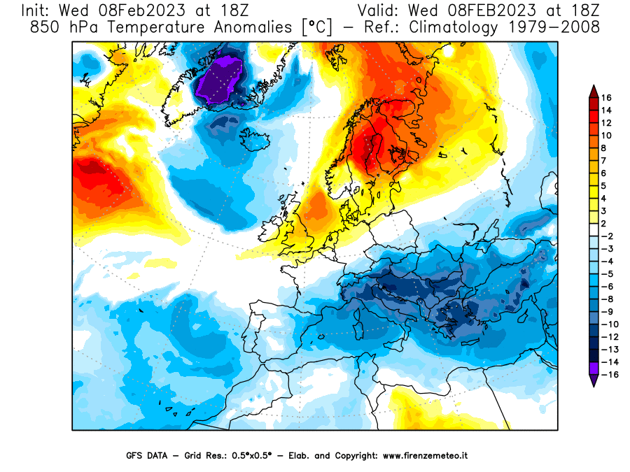 Mappa di analisi GFS - Anomalia Temperatura [°C] a 850 hPa in Europa
							del 08/02/2023 18 <!--googleoff: index-->UTC<!--googleon: index-->