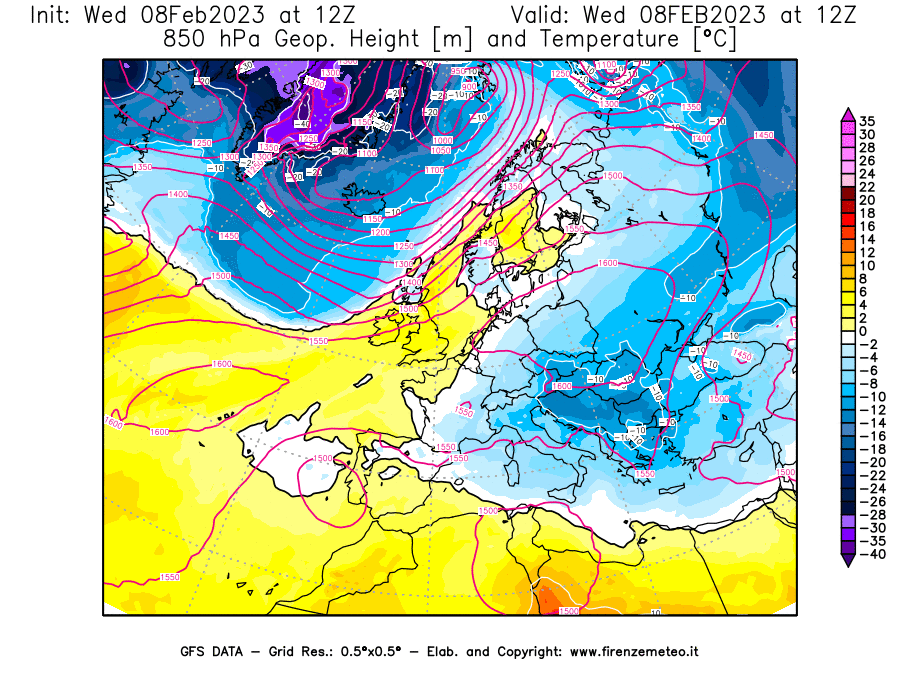 Mappa di analisi GFS - Geopotenziale [m] e Temperatura [°C] a 850 hPa in Europa
							del 08/02/2023 12 <!--googleoff: index-->UTC<!--googleon: index-->