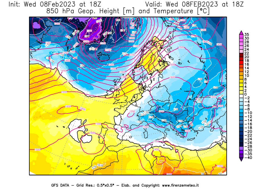 Mappa di analisi GFS - Geopotenziale [m] e Temperatura [°C] a 850 hPa in Europa
							del 08/02/2023 18 <!--googleoff: index-->UTC<!--googleon: index-->