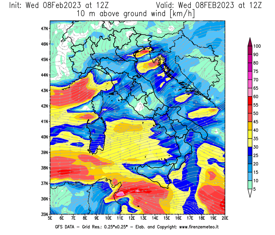 Mappa di analisi GFS - Velocità del vento a 10 metri dal suolo [km/h] in Italia
							del 08/02/2023 12 <!--googleoff: index-->UTC<!--googleon: index-->