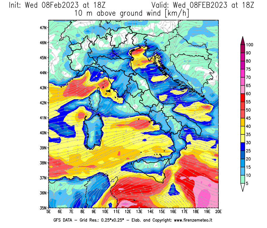 Mappa di analisi GFS - Velocità del vento a 10 metri dal suolo in Italia
							del 8 febbraio 2023 z18