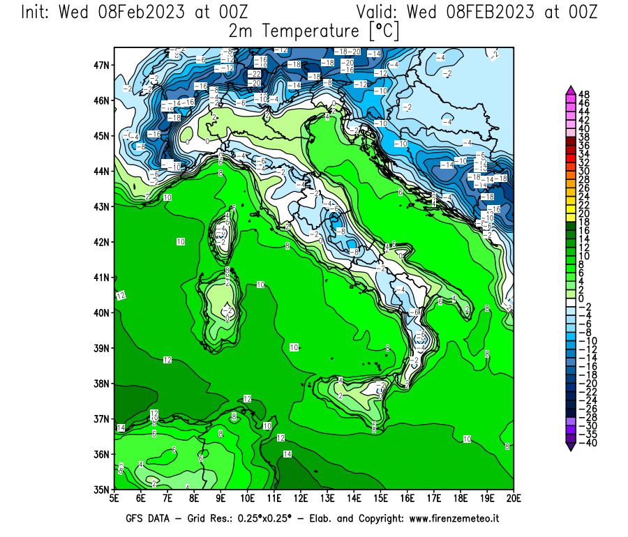 Mappa di analisi GFS - Temperatura a 2 metri dal suolo [°C] in Italia
							del 08/02/2023 00 <!--googleoff: index-->UTC<!--googleon: index-->