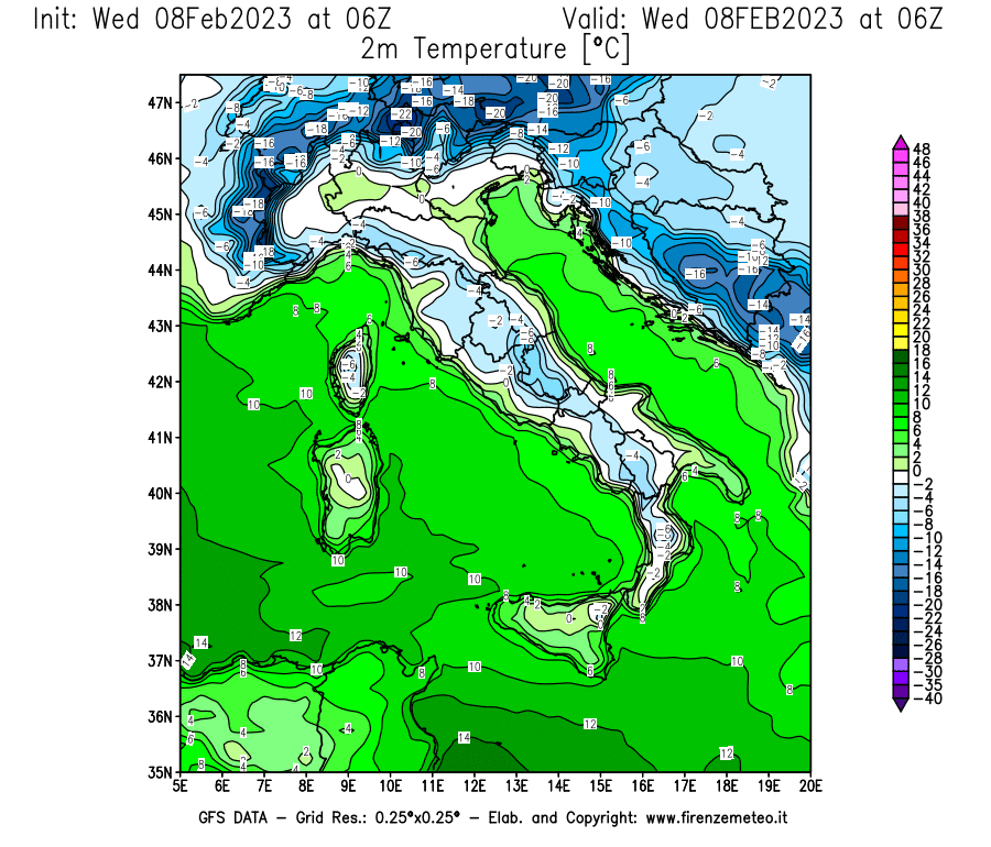 Mappa di analisi GFS - Temperatura a 2 metri dal suolo in Italia
							del 8 febbraio 2023 z06