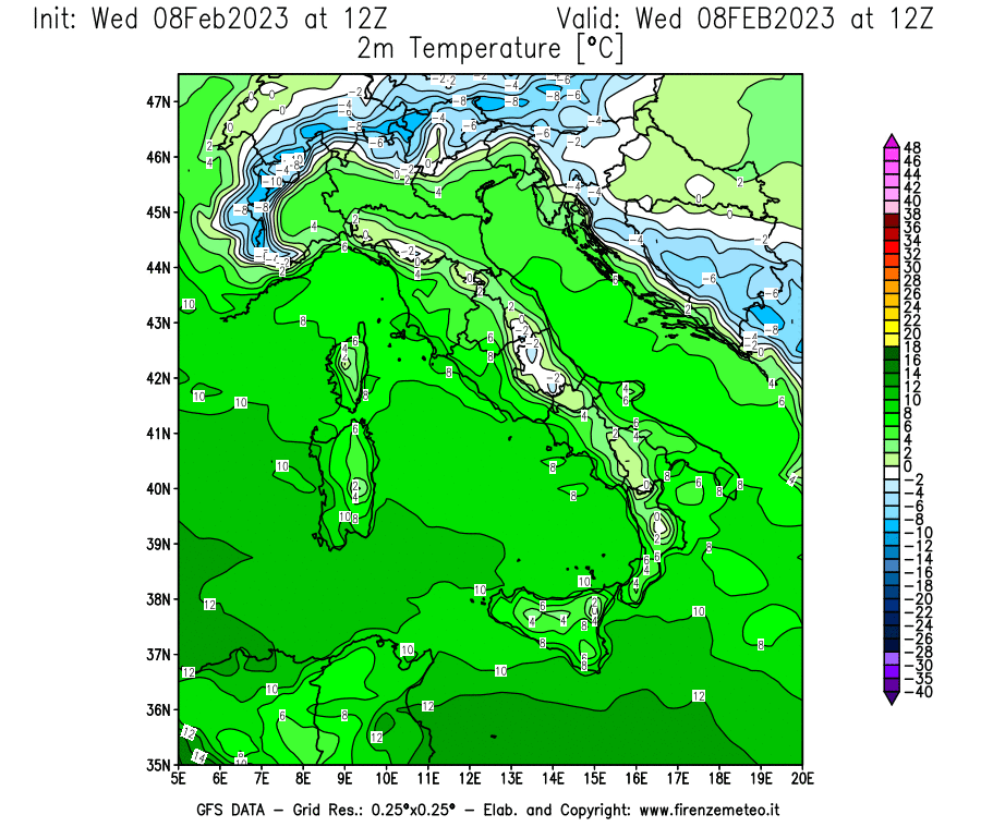 Mappa di analisi GFS - Temperatura a 2 metri dal suolo [°C] in Italia
							del 08/02/2023 12 <!--googleoff: index-->UTC<!--googleon: index-->