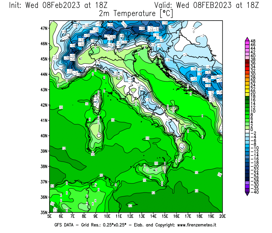 Mappa di analisi GFS - Temperatura a 2 metri dal suolo in Italia
							del 8 febbraio 2023 z18