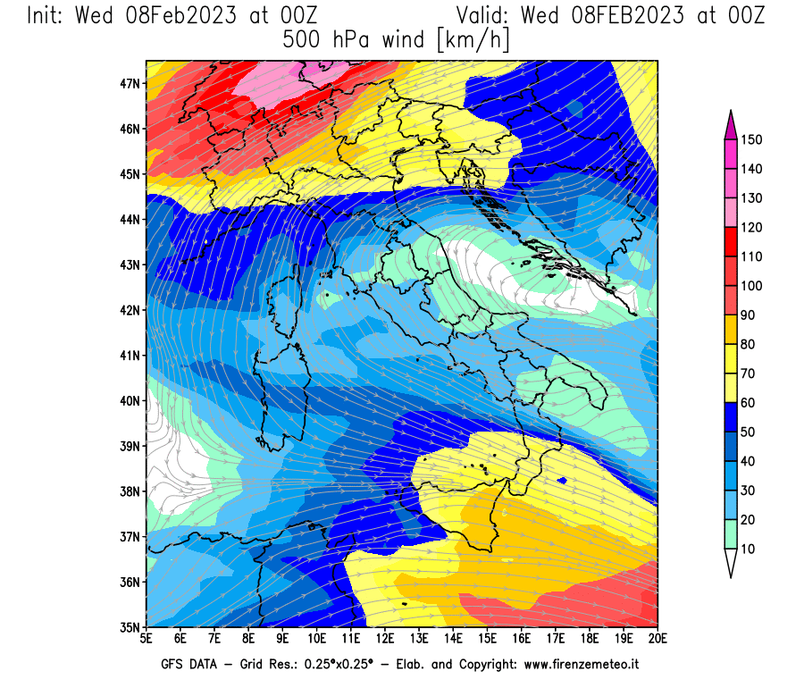 Mappa di analisi GFS - Velocità del vento a 500 hPa [km/h] in Italia
							del 08/02/2023 00 <!--googleoff: index-->UTC<!--googleon: index-->