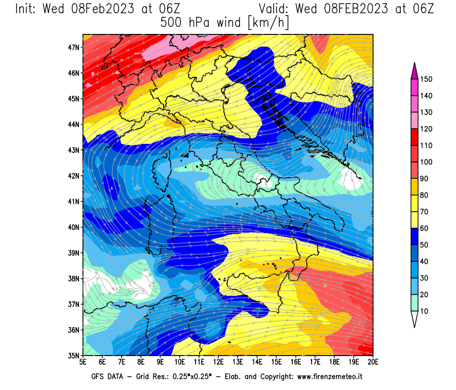 Mappa di analisi GFS - Velocità del vento a 500 hPa [km/h] in Italia
							del 08/02/2023 06 <!--googleoff: index-->UTC<!--googleon: index-->