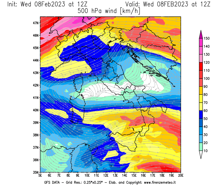 Mappa di analisi GFS - Velocità del vento a 500 hPa [km/h] in Italia
							del 08/02/2023 12 <!--googleoff: index-->UTC<!--googleon: index-->