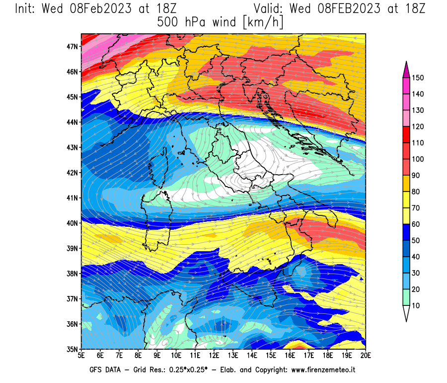 Mappa di analisi GFS - Velocità del vento a 500 hPa [km/h] in Italia
							del 08/02/2023 18 <!--googleoff: index-->UTC<!--googleon: index-->