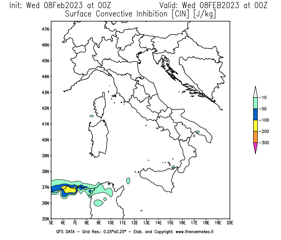 Mappa di analisi GFS - CIN [J/kg] in Italia
							del 08/02/2023 00 <!--googleoff: index-->UTC<!--googleon: index-->