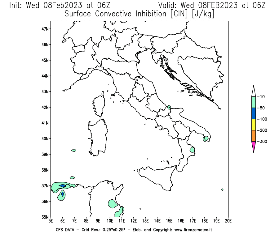 Mappa di analisi GFS - CIN [J/kg] in Italia
							del 08/02/2023 06 <!--googleoff: index-->UTC<!--googleon: index-->