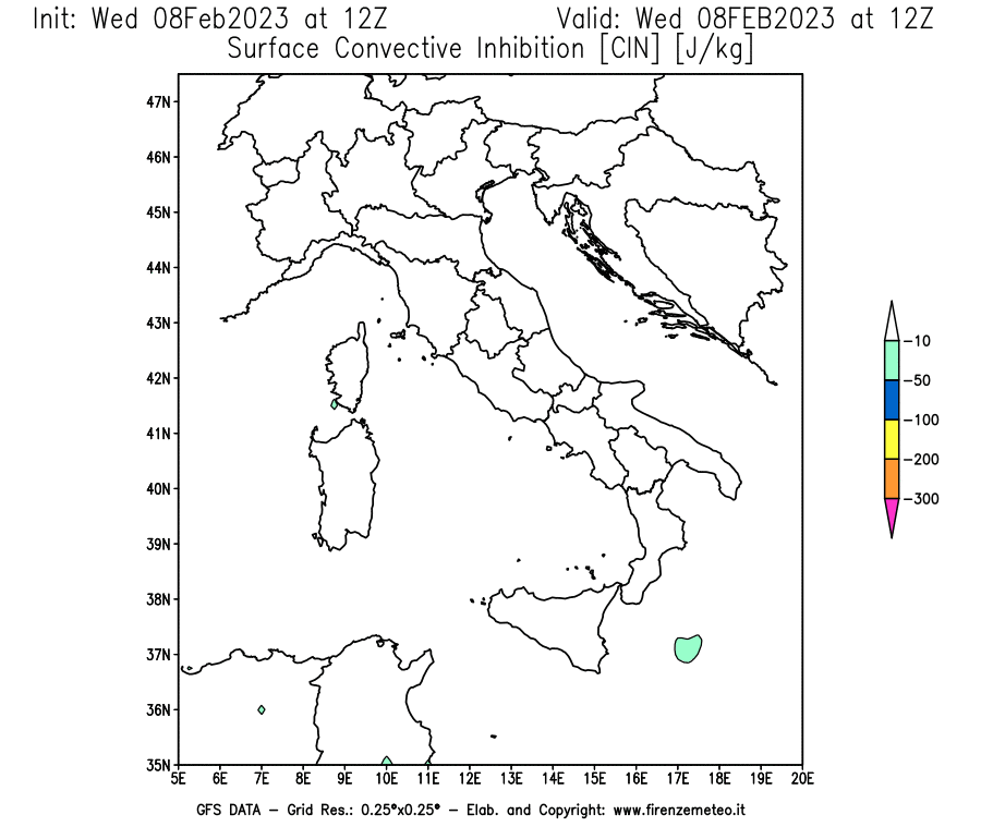 Mappa di analisi GFS - CIN [J/kg] in Italia
							del 08/02/2023 12 <!--googleoff: index-->UTC<!--googleon: index-->