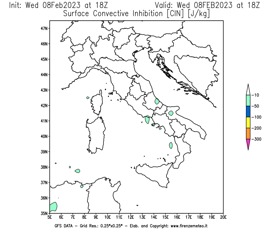 Mappa di analisi GFS - CIN [J/kg] in Italia
							del 08/02/2023 18 <!--googleoff: index-->UTC<!--googleon: index-->