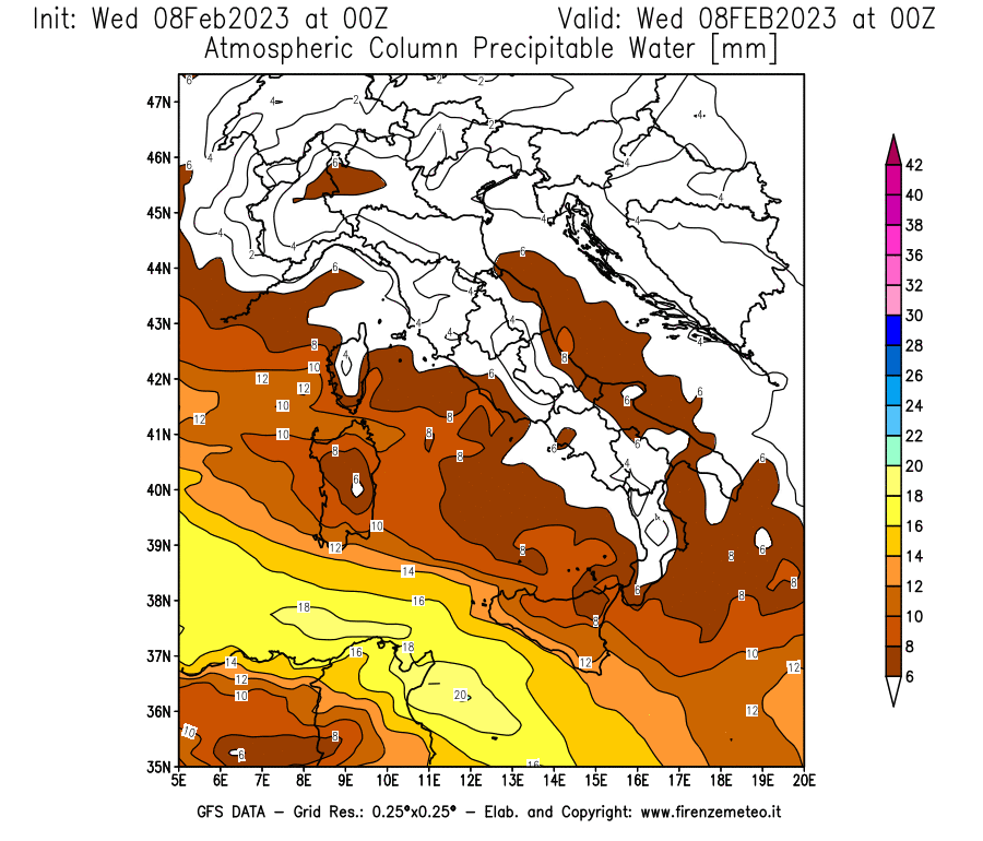 Mappa di analisi GFS - Precipitable Water [mm] in Italia
							del 08/02/2023 00 <!--googleoff: index-->UTC<!--googleon: index-->