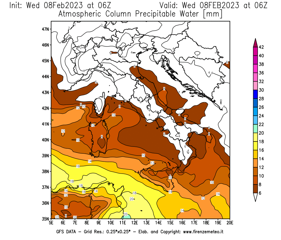 Mappa di analisi GFS - Precipitable Water [mm] in Italia
							del 08/02/2023 06 <!--googleoff: index-->UTC<!--googleon: index-->