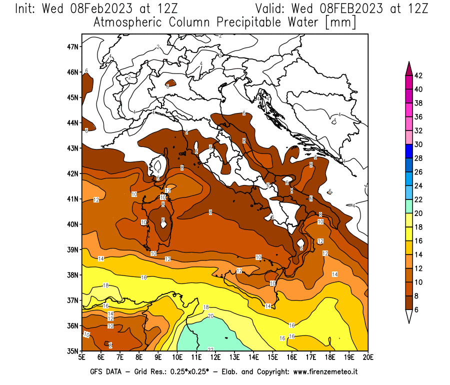 Mappa di analisi GFS - Precipitable Water [mm] in Italia
							del 08/02/2023 12 <!--googleoff: index-->UTC<!--googleon: index-->