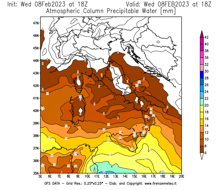Mappa di analisi GFS - Precipitable Water [mm] in Italia
							del 08/02/2023 18 <!--googleoff: index-->UTC<!--googleon: index-->