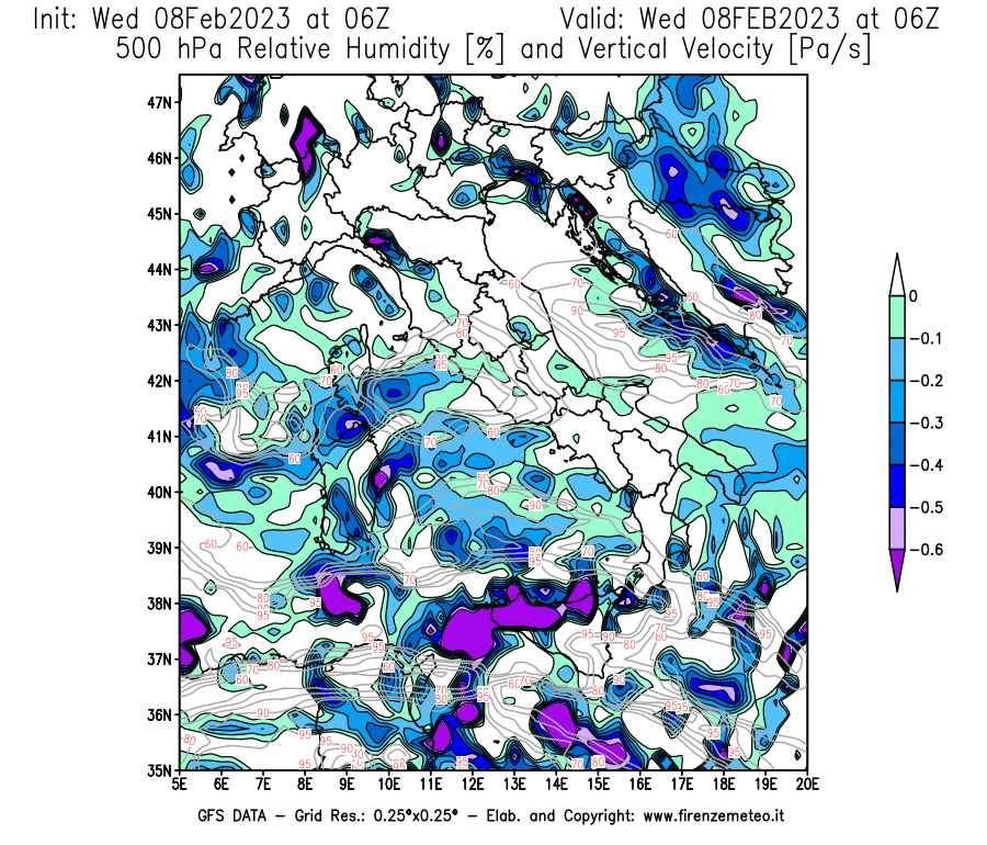Mappa di analisi GFS - Umidità relativa [%] e Omega [Pa/s] a 500 hPa in Italia
							del 08/02/2023 06 <!--googleoff: index-->UTC<!--googleon: index-->