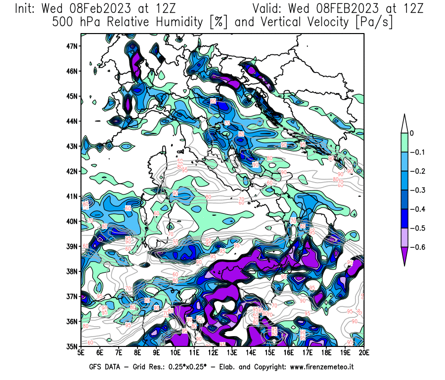 Mappa di analisi GFS - Umidità relativa [%] e Omega [Pa/s] a 500 hPa in Italia
							del 08/02/2023 12 <!--googleoff: index-->UTC<!--googleon: index-->