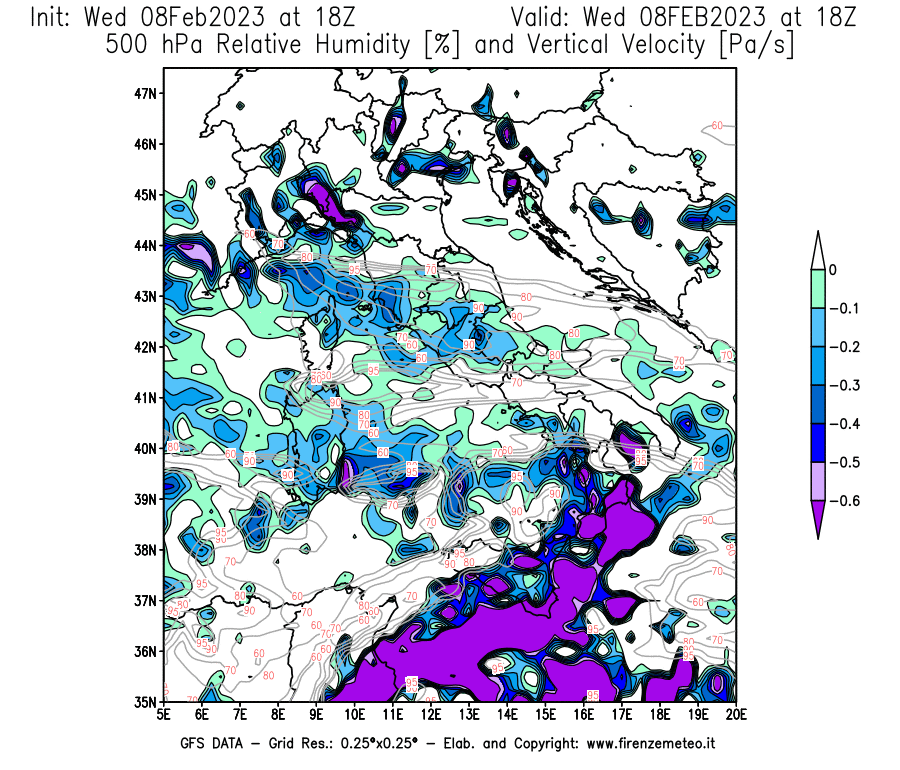 Mappa di analisi GFS - Umidità relativa [%] e Omega [Pa/s] a 500 hPa in Italia
							del 08/02/2023 18 <!--googleoff: index-->UTC<!--googleon: index-->