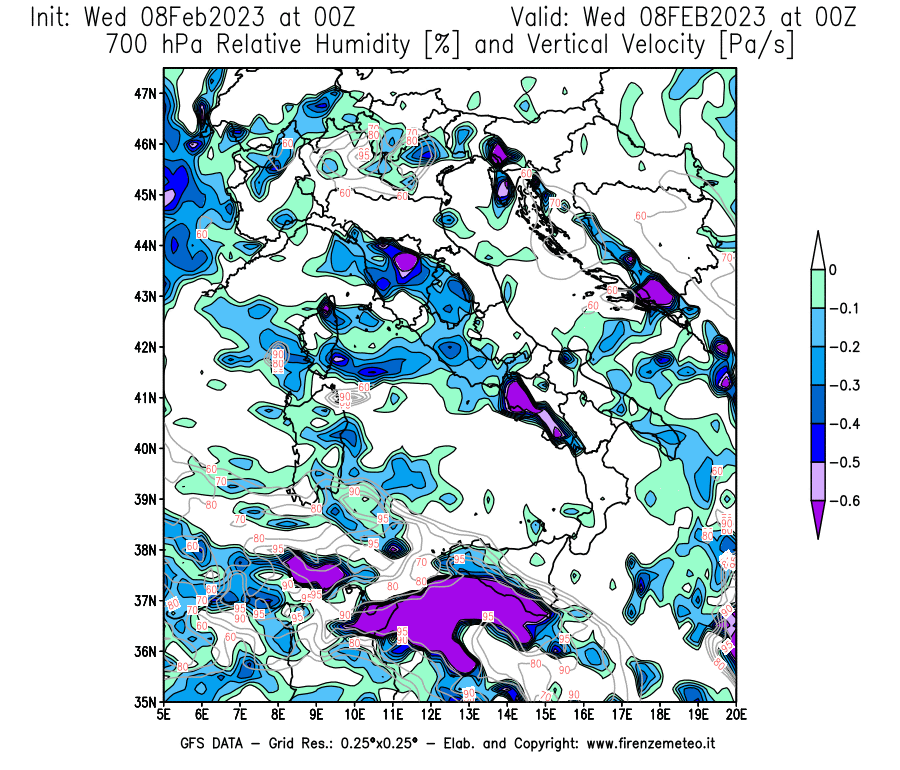 Mappa di analisi GFS - Umidità relativa [%] e Omega [Pa/s] a 700 hPa in Italia
							del 08/02/2023 00 <!--googleoff: index-->UTC<!--googleon: index-->