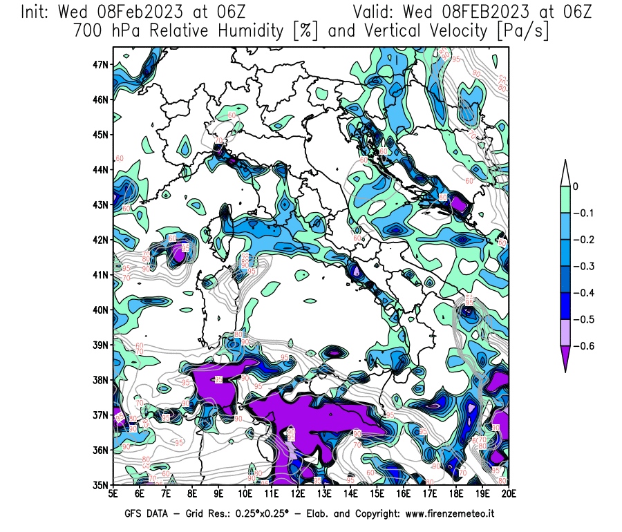 Mappa di analisi GFS - Umidità relativa [%] e Omega [Pa/s] a 700 hPa in Italia
							del 08/02/2023 06 <!--googleoff: index-->UTC<!--googleon: index-->