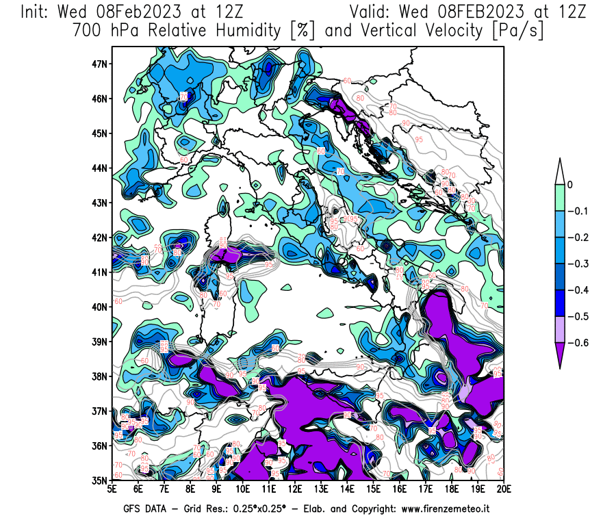 Mappa di analisi GFS - Umidità relativa [%] e Omega [Pa/s] a 700 hPa in Italia
							del 08/02/2023 12 <!--googleoff: index-->UTC<!--googleon: index-->