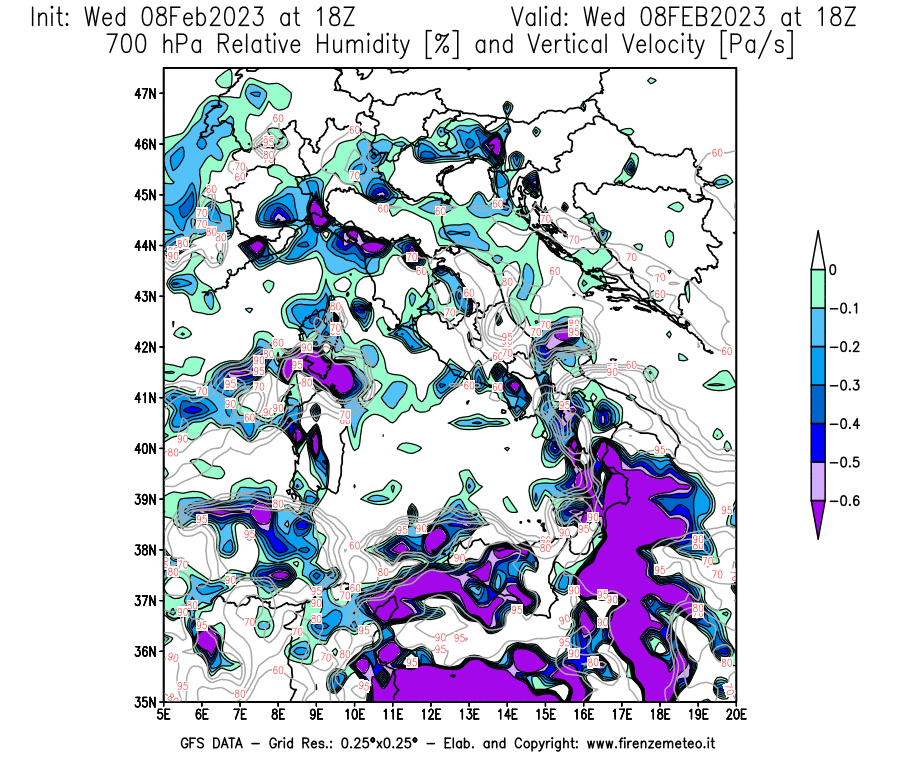 Mappa di analisi GFS - Umidità relativa [%] e Omega [Pa/s] a 700 hPa in Italia
							del 08/02/2023 18 <!--googleoff: index-->UTC<!--googleon: index-->